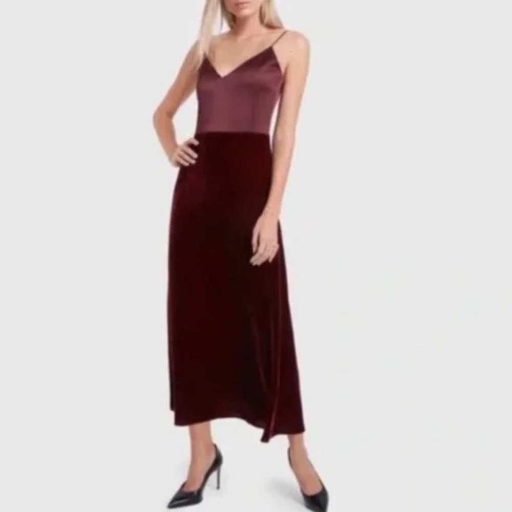 G. Label by Goop Chelsea Satin Velvet Midi Dress in Dark Oxblood 45269